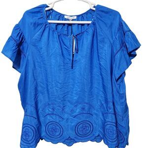 Rose Olive Top Size 3X Blue Embroidered Lightweight Short Sleeve